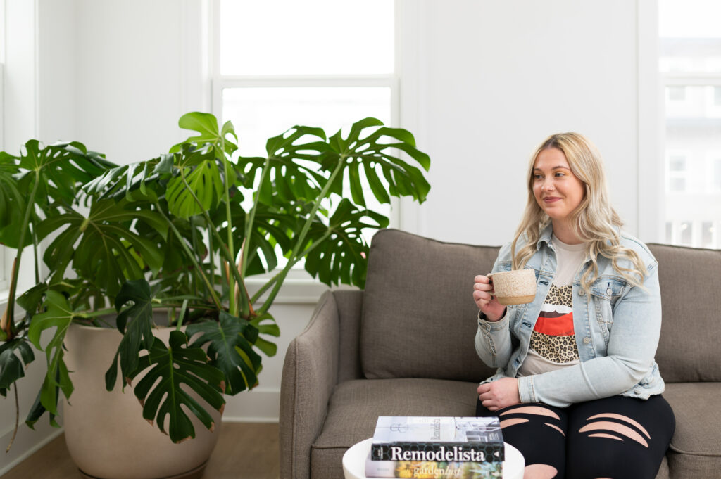 Patient drinking coffee on couch