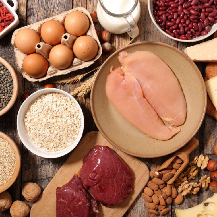 A table filled with food containing high protein