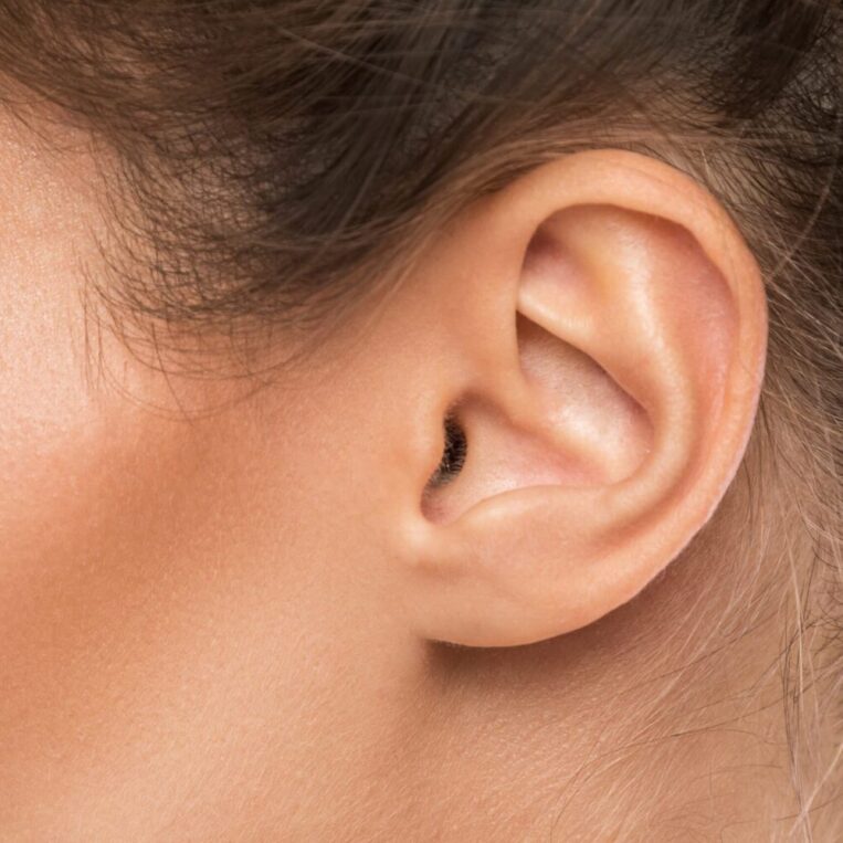 A close up photo of a fully healed ear after earlobe repair surgery